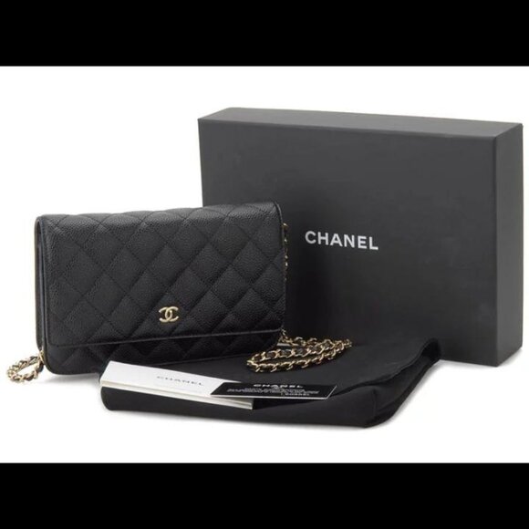 CHANEL Caviar Quilted Wallet On Chain WOC in Black/Gold - Picture 7 of 10